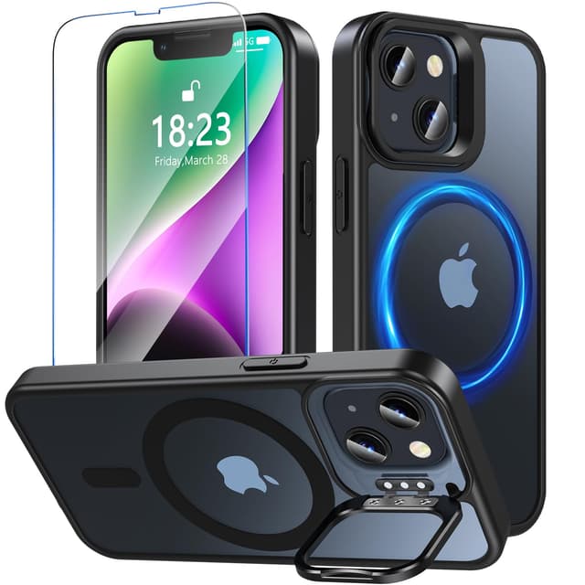 OWKEY Magnetische iPhone 13/14 Hülle mit Ständer, Matt Schwarz