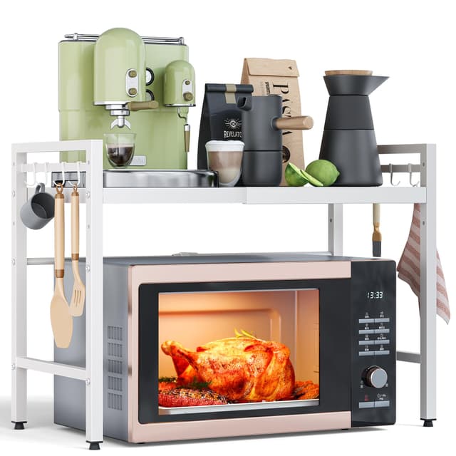 NETEL Erweiterbares Mikrowellen Regal 2 Stufig, 🌼🌼 Mikrowellenständer mit 8 Haken, Weiß - Angebot