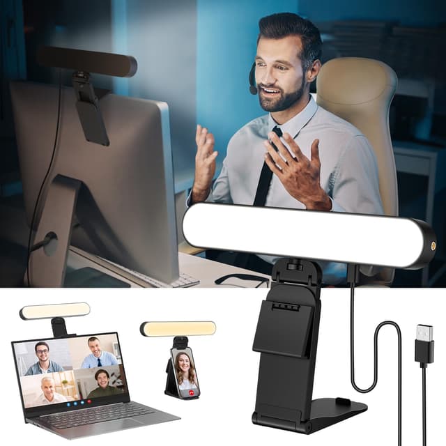 RealPlus Streaming Licht mit Multifunktionshalter | Fernsteuerung von 3 Lichtfarben & 10 Helligkeiten | 360° Drehung Videolicht LED