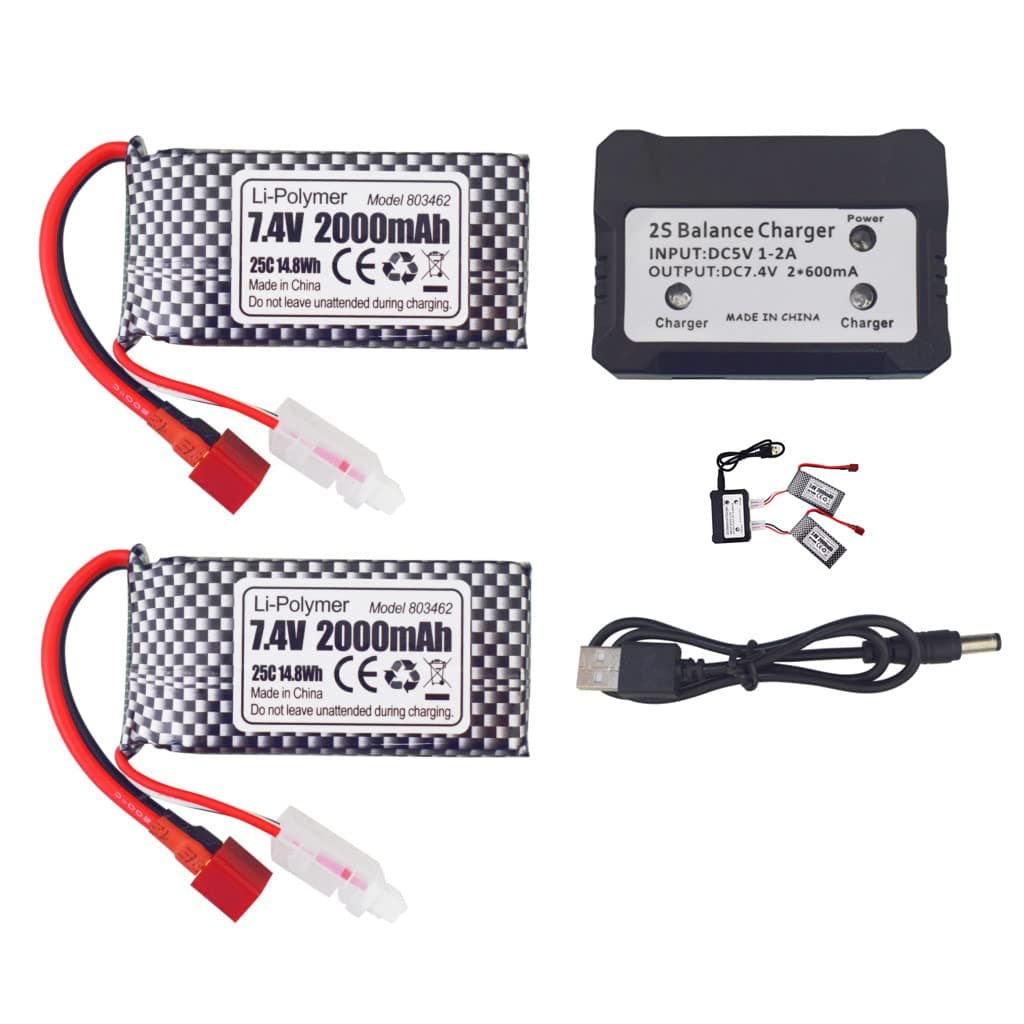 🔋🔌 ZYGY 2PCS 7.4V 2000mAh T-Stecker Lithium Batterie + 2in1 Ladegerät Deal 🚗🚤🚁
