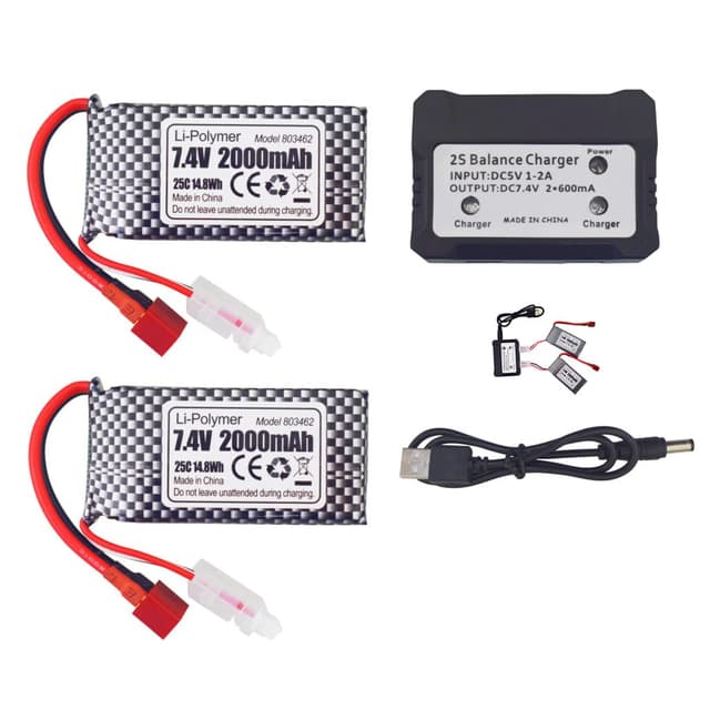 🔋🔌 ZYGY 2PCS 7.4V 2000mAh T-Stecker Lithium Batterie + 2in1 Ladegerät Deal 🚗🚤🚁