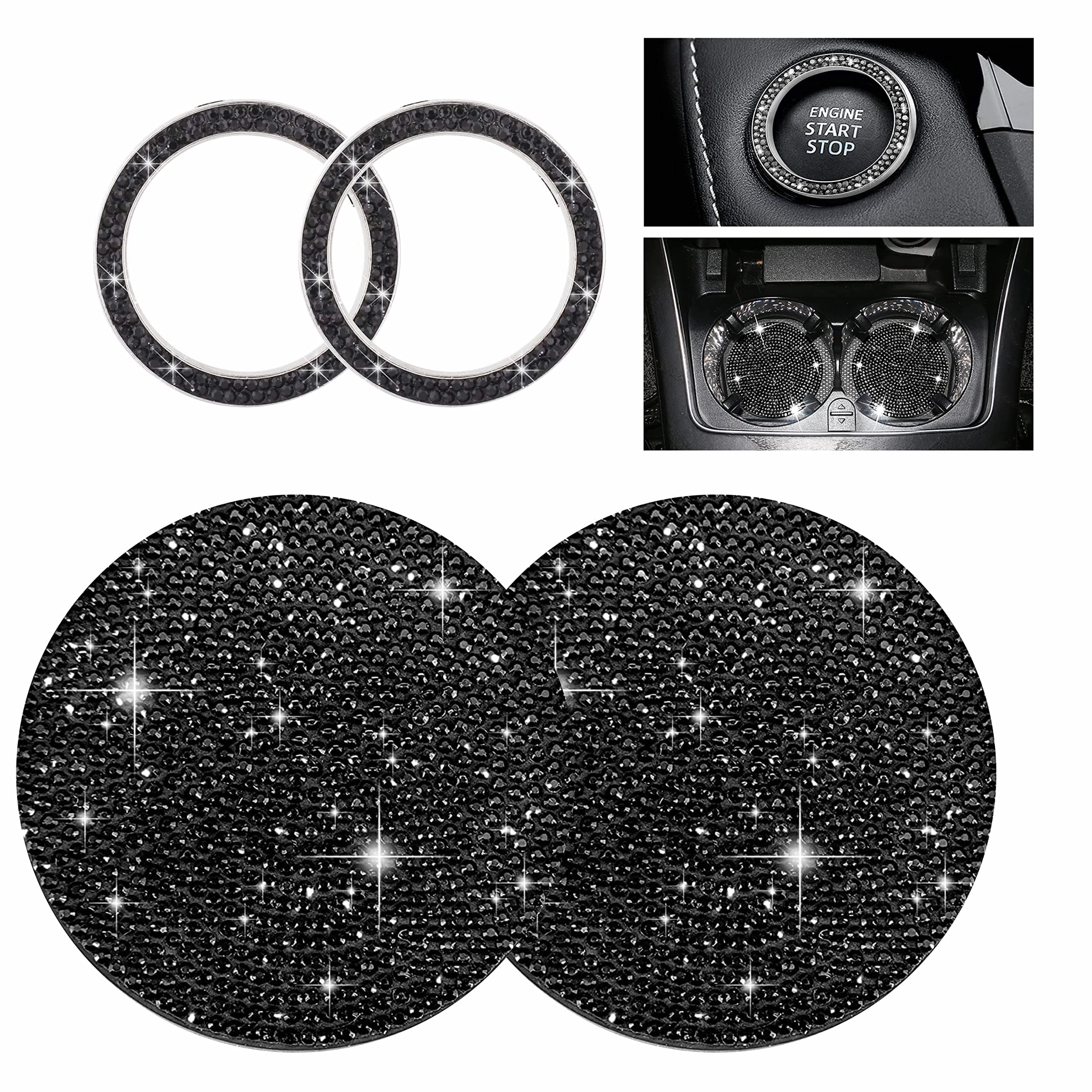Yungeln 2 Stück Auto Getränkehalter Untersetzer + 2 Stück Start Stop Button Ring Kristall Bling Bling Strass Auto Dekor Zubehör - Schwarz 🚗💎