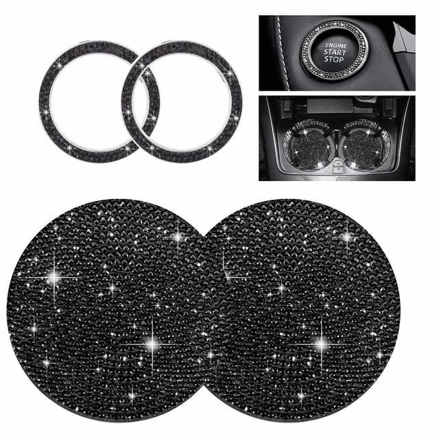 Yungeln 2 Stück Auto Getränkehalter Untersetzer + 2 Stück Start Stop Button Ring Kristall Bling Bling Strass Auto Dekor Zubehör - Schwarz 🚗💎