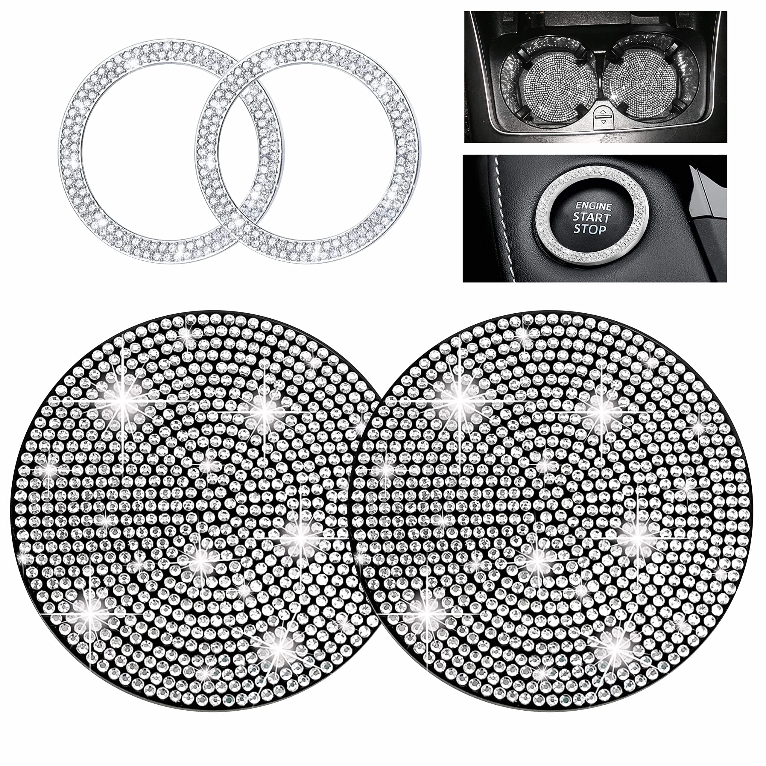 Yungeln 2 Stück Auto Getränkehalter Untersetzer + 2 Stück Start Stop Button Ring Kristall Bling Bling Strass Auto Dekor Zubehör - Weiß 🚗💎