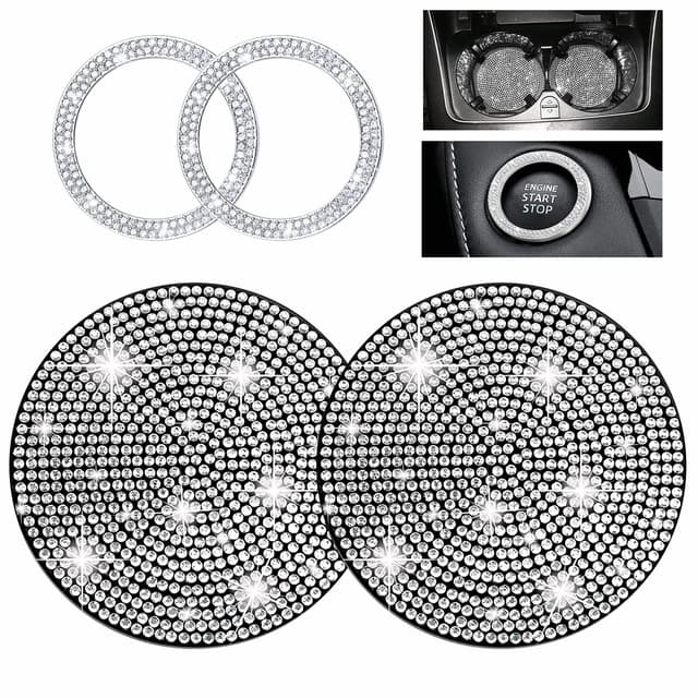 Yungeln 2 Stück Auto Getränkehalter Untersetzer + 2 Stück Start Stop Button Ring Kristall Bling Bling Strass Auto Dekor Zubehör - Weiß 🚗💎