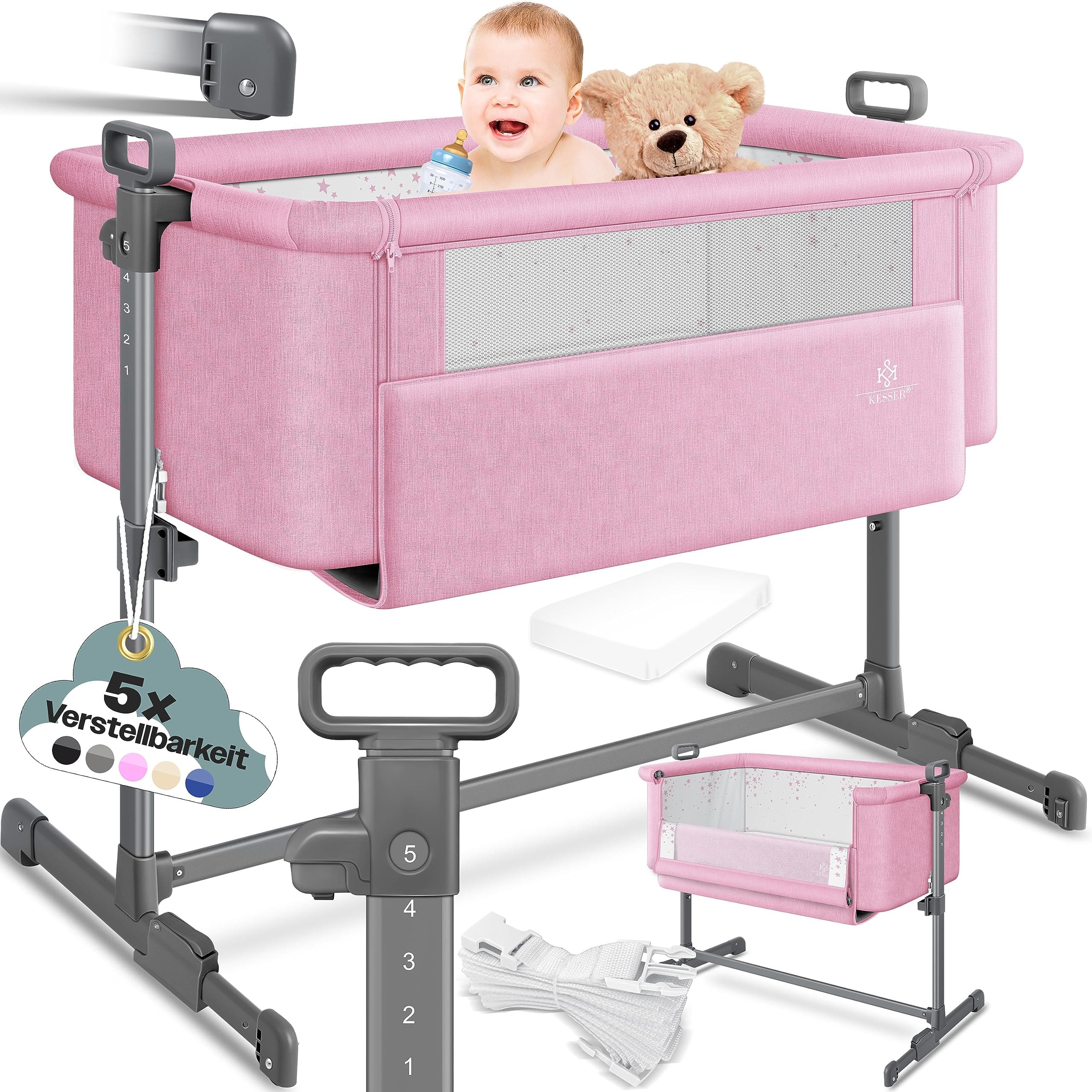 👶 KESSER® Zustellbett Hubi 3in1 Baby Beistellbett Reisebett mit Matratze - Rosa