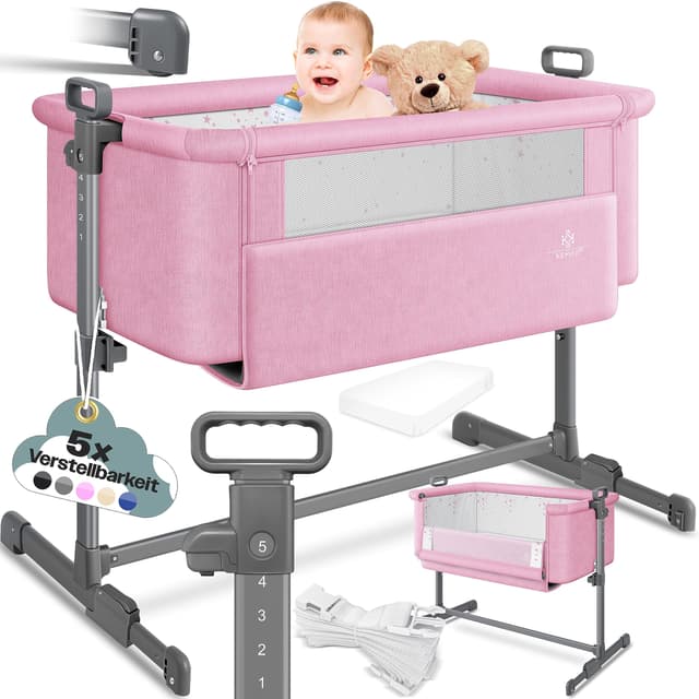 👶 KESSER® Zustellbett Hubi 3in1 Baby Beistellbett Reisebett mit Matratze - Rosa