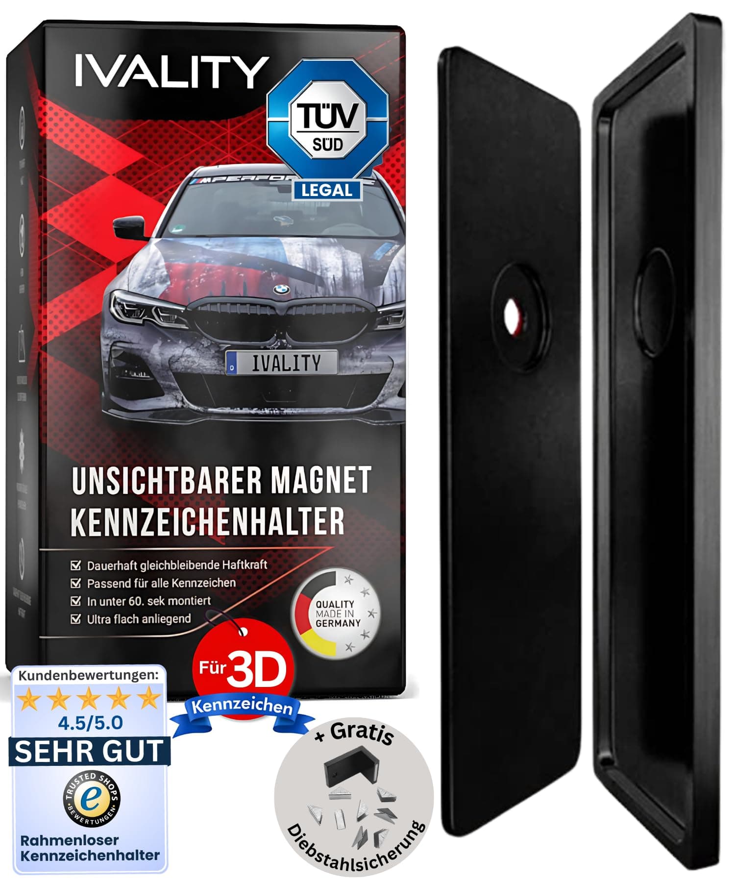 IVALITY® 1x Magnetischer Kennzeichen-Halter - Rahmenloser Magnet-Halter für 1x 3D-Kennzeichen