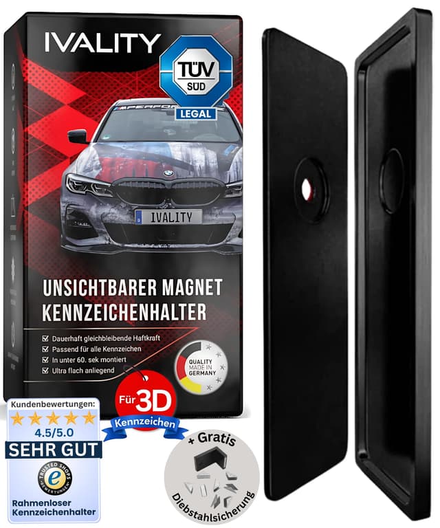 IVALITY® 1x Magnetischer Kennzeichen-Halter - Rahmenloser Magnet-Halter für 1x 3D-Kennzeichen