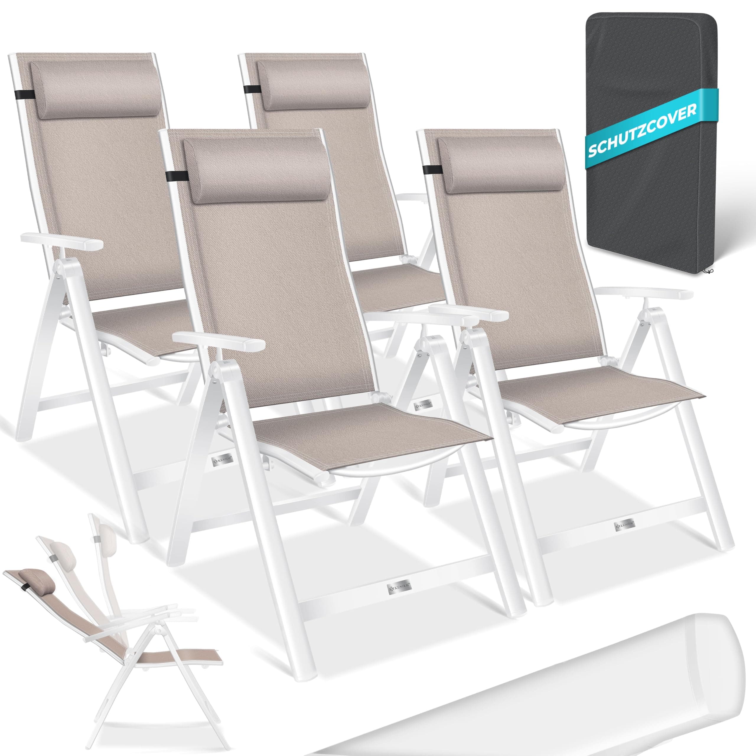 🌞 KESSER® Gartenstuhl Hochlehner 4er Set mit Kopfkissen & Abdeckung - Taupe 4 Stück 🌿
