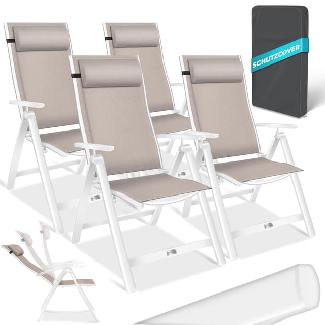 🌞 KESSER® Gartenstuhl Hochlehner 4er Set mit Kopfkissen & Abdeckung - Taupe 4 Stück 🌿