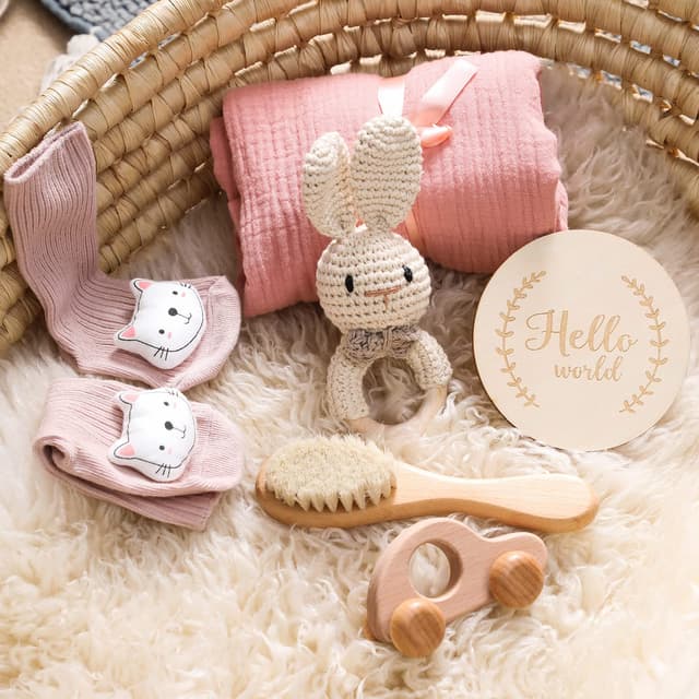 🎁👶 Youuys 7-Teilig Baby Geschenk zur Geburt für Neugeborene - Rosa Häschen 🐰