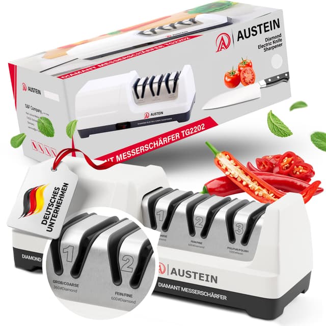 🔪 AUSTEIN® Diamant Messerschärfer elektrisch TG2202 - Der 3 Phasen Messerschleifer mit 20 Grad und magnetischem Spänekollektor