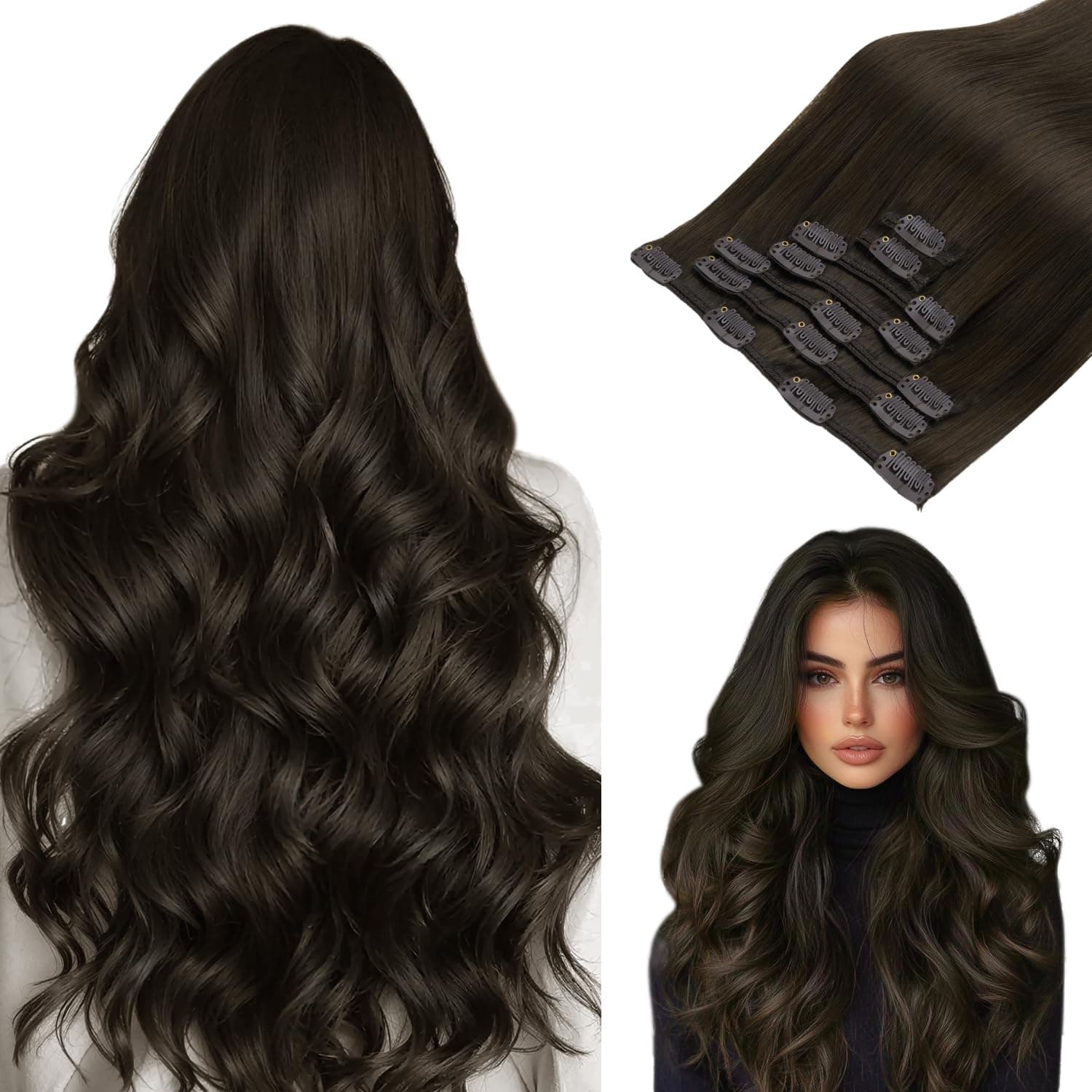Heiße 🍌 Clip In Extensions Echthaar, Dunkelbraun Echthaar Extensions Clip 24 Zoll 120g 7 Stück