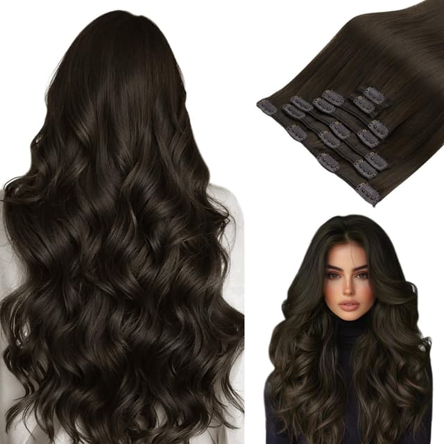 Heiße 🍌 Clip In Extensions Echthaar, Dunkelbraun Echthaar Extensions Clip 24 Zoll 120g 7 Stück