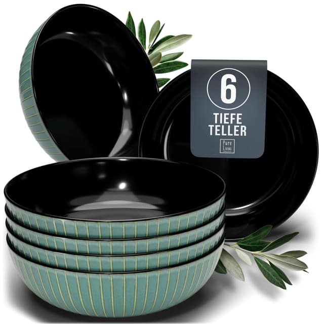 Hochwertiges Asia-Style Steingut Tiefe Teller Set - 6 Personen Geschirrset in Grün 🍜🥢