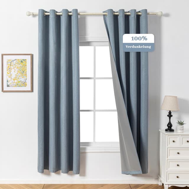 🌙 MYSKY HOME Blickdichter Vorhang mit Ösen Gardinen Kälteschutz Verdunklungsvorhänge 🪞 Leinenoptik Blickdichte Gardine für Wohnzimmer,Graublau,2er Set H 225 x B 140 cm