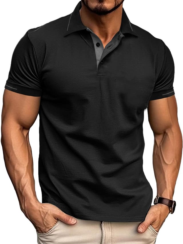 👕🔥Comilaka Herren Poloshirt Kurzarm Polo Kontrast Polohemd Male Klassisches T Shirt Freizeit Sommer Schwarz L🔥👕