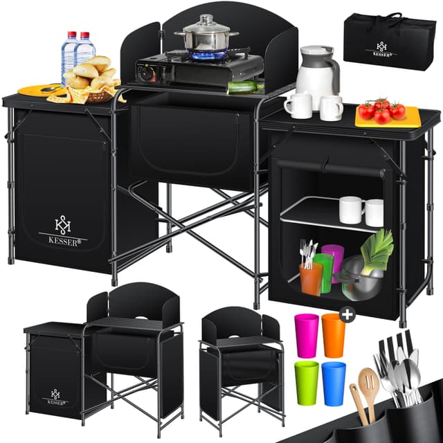 🏕️ KESSER® Campingküche | Campingschrank Faltschrank | Outdoor Küchenbox | Typ Big Schwarz/Schwarz