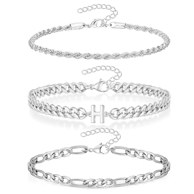 🎁 3 Stück Armband Herren mit Buchstaben, Silber Edelstahl Panzerkette Armband Männer Jungen A-Z Buchstabe Armbänder für Herren Valentinstag Jahrestag Geburtstag Geschenk für Mann Freund Papa Mama Silber H