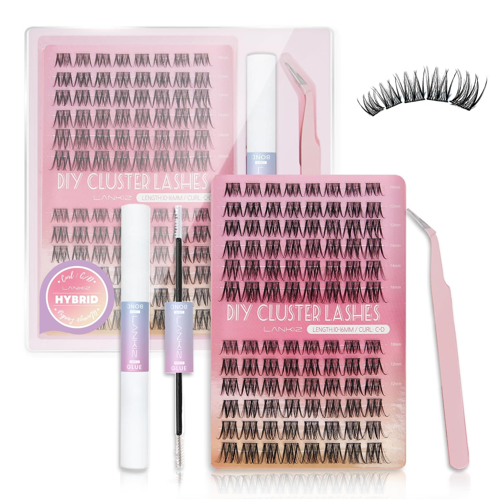 LANKIZ Wimpern Extensions Set, C+D Mix Lash Extension Set, 96pcs Cluster Lashes mit Wasserfest Wimpern Kleber Bond & Seal