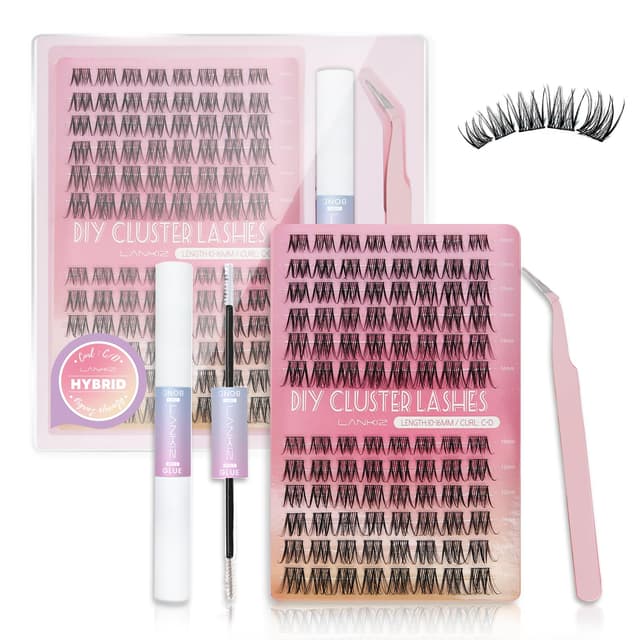 LANKIZ Wimpern Extensions Set, C+D Mix Lash Extension Set, 96pcs Cluster Lashes mit Wasserfest Wimpern Kleber Bond & Seal
