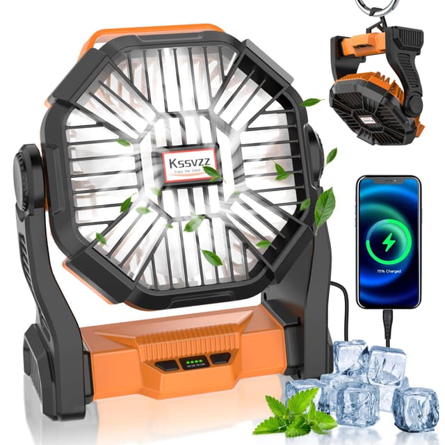🏕️🌀 Kssvzz Camping Ventilator 20000mAh, 72 Stunden Akku Ventilator, 4 Geschwindigkeiten Tragbarer Ventilators mit LED Licht & Haken, 270° Drehung, USB Fan für Outdoor Picknick Zuhause Büros, Orange Orange X23 - Spezialangebot!