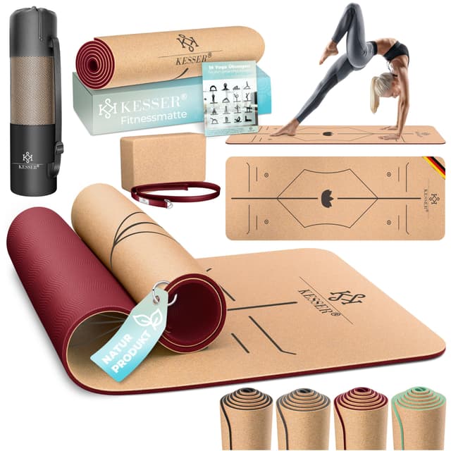 KESSER® Yogamatte Kork - Gymnastikmatte Yoga Matte rutschfest aus Naturkautschuk TPE - Bordeaux