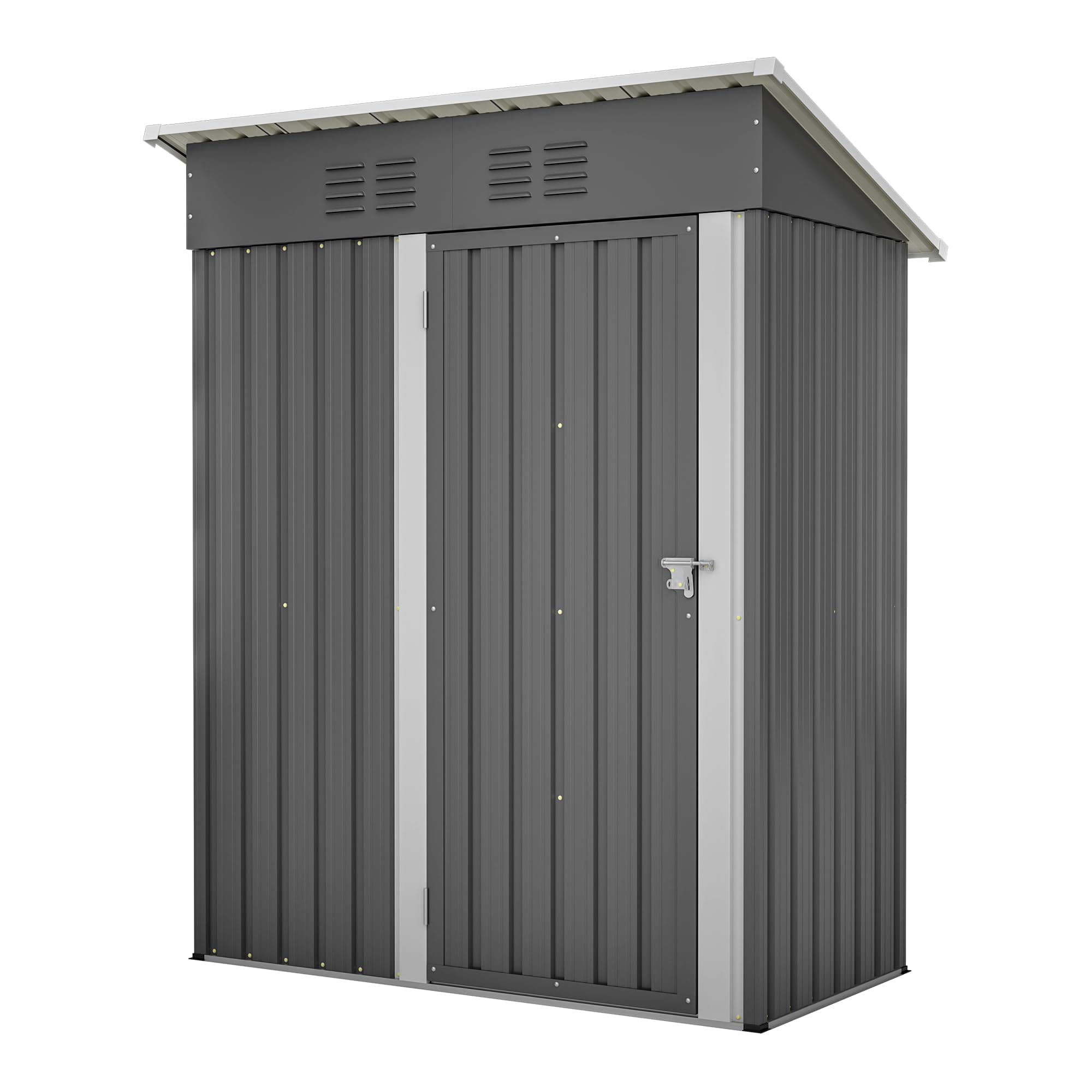 🏡🌧️ Thanaddo Geräteschuppen Gerätehaus 152 x 84 x 182 cm, 1,5m³ Stauraum, Metall Gartenschuppen mit Pultdach Belüftungslöcher, wetterfest Lagerschuppen im Freien für Outdoor (Grau) Grau S