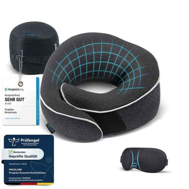 Proglobe Nackenkissen Flugzeug, Reisekissen 100% Memory Foam 🌟 Orthopädisches Nackenhörnchen mit 3D-Schlafmaske