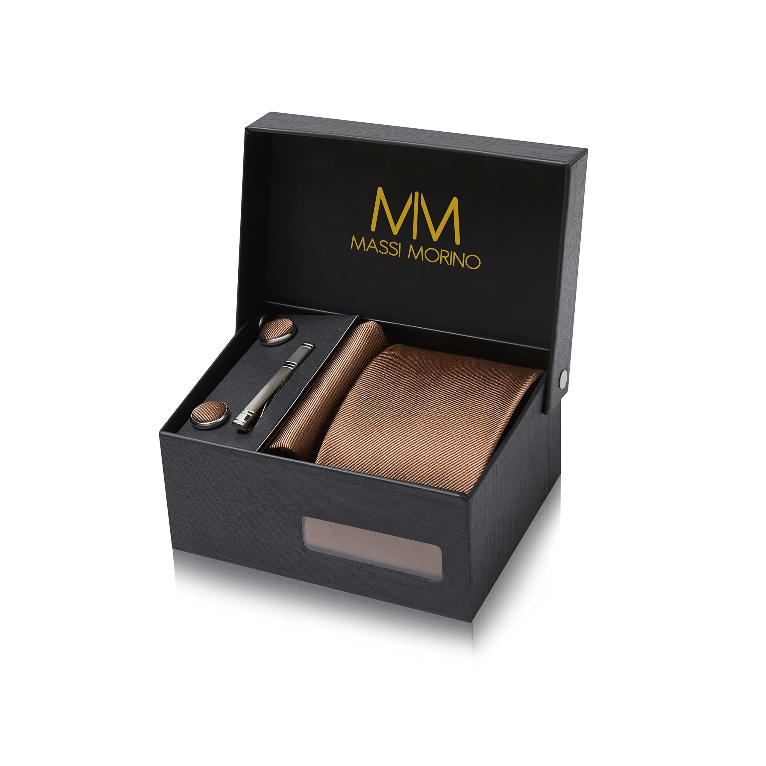 👔 Massi Morino Krawatte mit Einstecktuch Set Herren inkl. Manschettenknöpfe, Krawattennadel und Geschenkbox - Männer Krawattenset zur Hochzeit Einheitsgröße Braun 👔