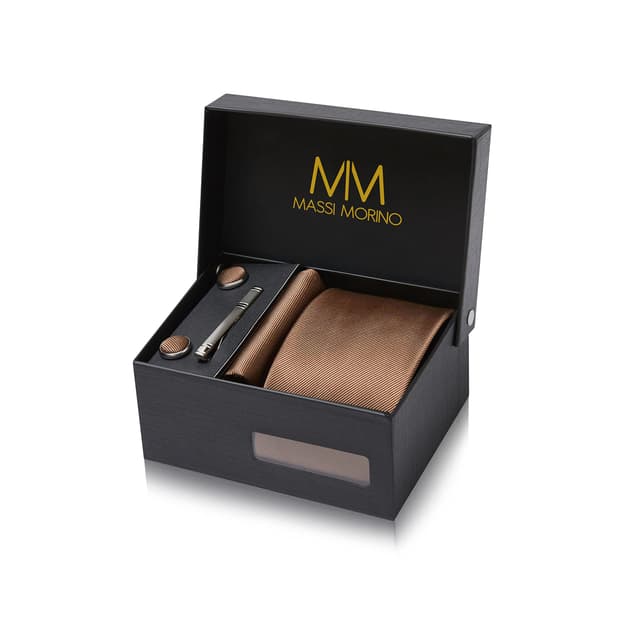 👔 Massi Morino Krawatte mit Einstecktuch Set Herren inkl. Manschettenknöpfe, Krawattennadel und Geschenkbox - Männer Krawattenset zur Hochzeit Einheitsgröße Braun 👔