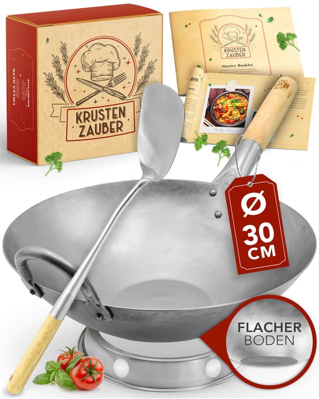 🥢 KRUSTENZAUBER 30cm Wokpfanne Induktion flacher Boden - Traditionelle Stahlwokpfanne 🥡