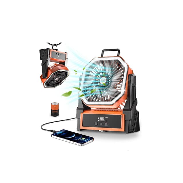 🏕️🌀 Kssvzz 30000mAh Camping Ventilator | 4 Geschwindigkeiten USB Ventilator Aufladbar mit LED | Tragbarer Ventilator Batteriebetrieben für Reisen, Picknick, Wandern Orange A18
