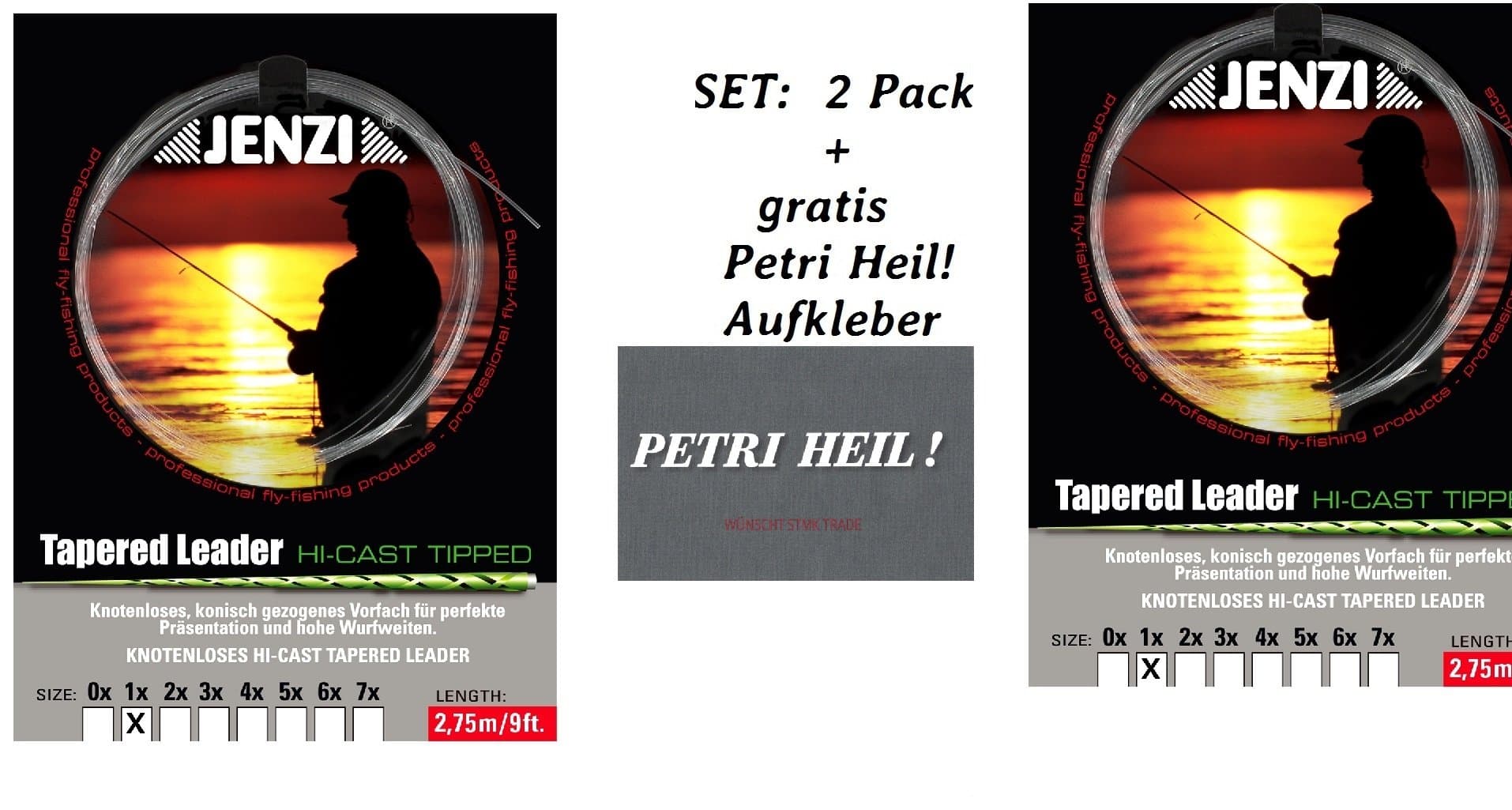 Angebot: 2er Pack Tapered Leader- Fliegenvorfach von Jenzi + gratis Petri Heil! Aufkleber 🎣