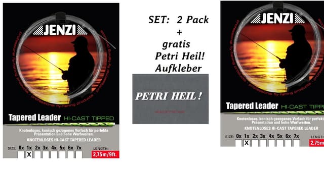 Angebot: 2er Pack Tapered Leader- Fliegenvorfach von Jenzi + gratis Petri Heil! Aufkleber 🎣