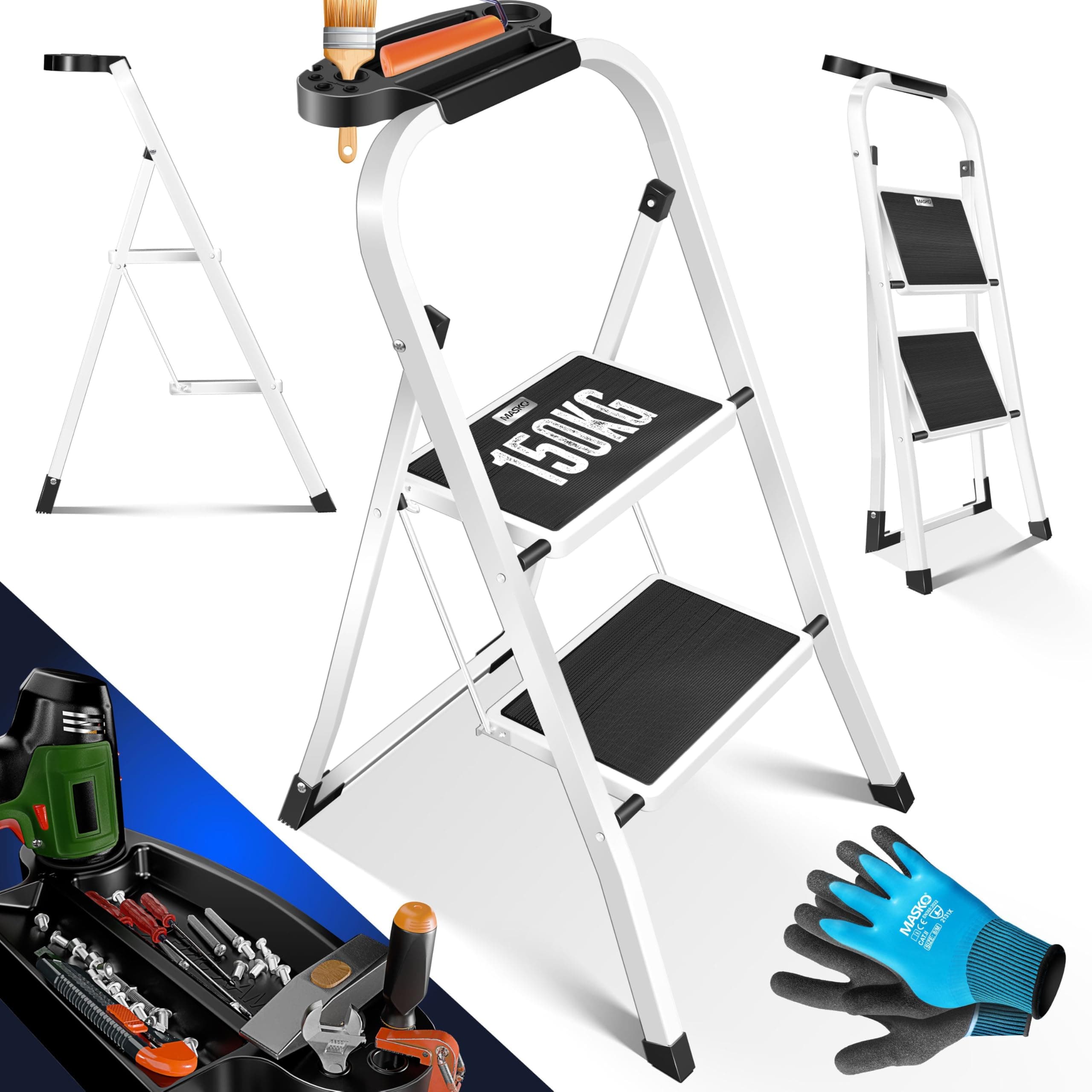 🔧🪜 MASKO® Trittleiter Klappleiter 2 Stufen-Leiter belastbar bis 150 kg | Inkl. Handschuhe & Werkzeugablage 🪜🔧