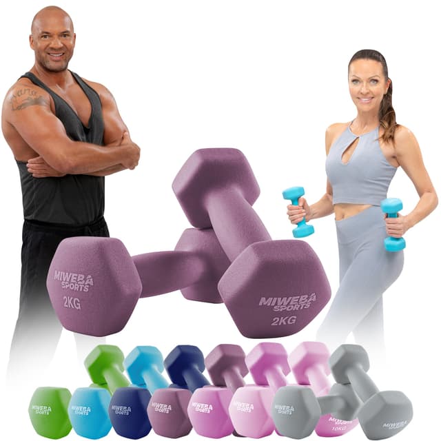 Miweba Sports Neopren Hantelset NKH100 | 𝐏𝐫𝐨𝐟𝐢 Hanteln - 0.5-10.0 Kg - Hexagon Hanteln Set - Kurzhanteln - Kurzhantel Set - Gymnastikhanteln - Hantel Set - Dumbbell Violett 2X 2.0 kg