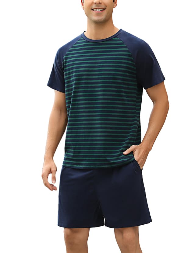🌙 Herren Sommer Schlafanzug Set | Kurzarm Baumwolle Pyjama XXL Grün M1443