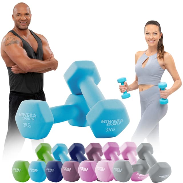 Miweba Sports Neopren Hantelset NKH100 | 𝐏𝐫𝐨𝐟𝐢 Hanteln - 0.5-10.0 Kg - Hexagon Hanteln Set - Kurzhanteln - Kurzhantel Set - Gymnastikhanteln - Hantel Set - Dumbbell Türkis 2X 3.0 kg