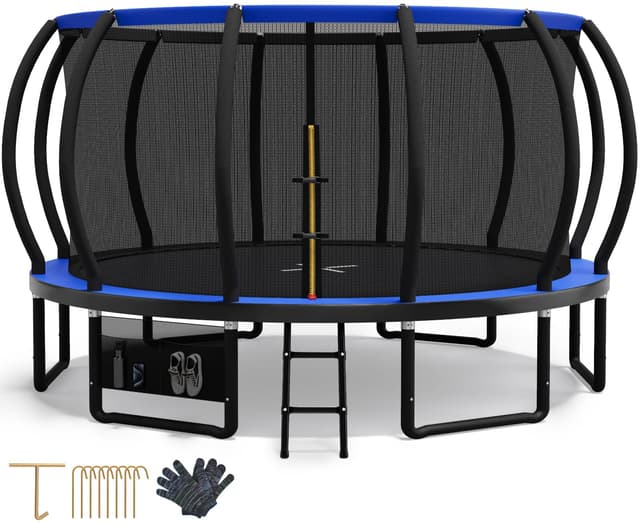 Devoko Trampolin Outdoor Ø 228/305/366/427 cm, TÜV Rheinland GS-Zertifikat, Kindertrampolin Gartentrampolin mit Sicherheitsnetz, Rundes Riesentrampolin mit Leiter und Schuhbeutel 427 cm / 14 FT Blau 🎉🤹
