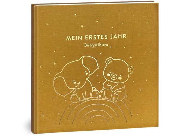 Mein erstes Jahr Babyalbum - Hochwertiges Leinenbuch mit Goldprägung für die schönsten Erinnerungen 🌈✨