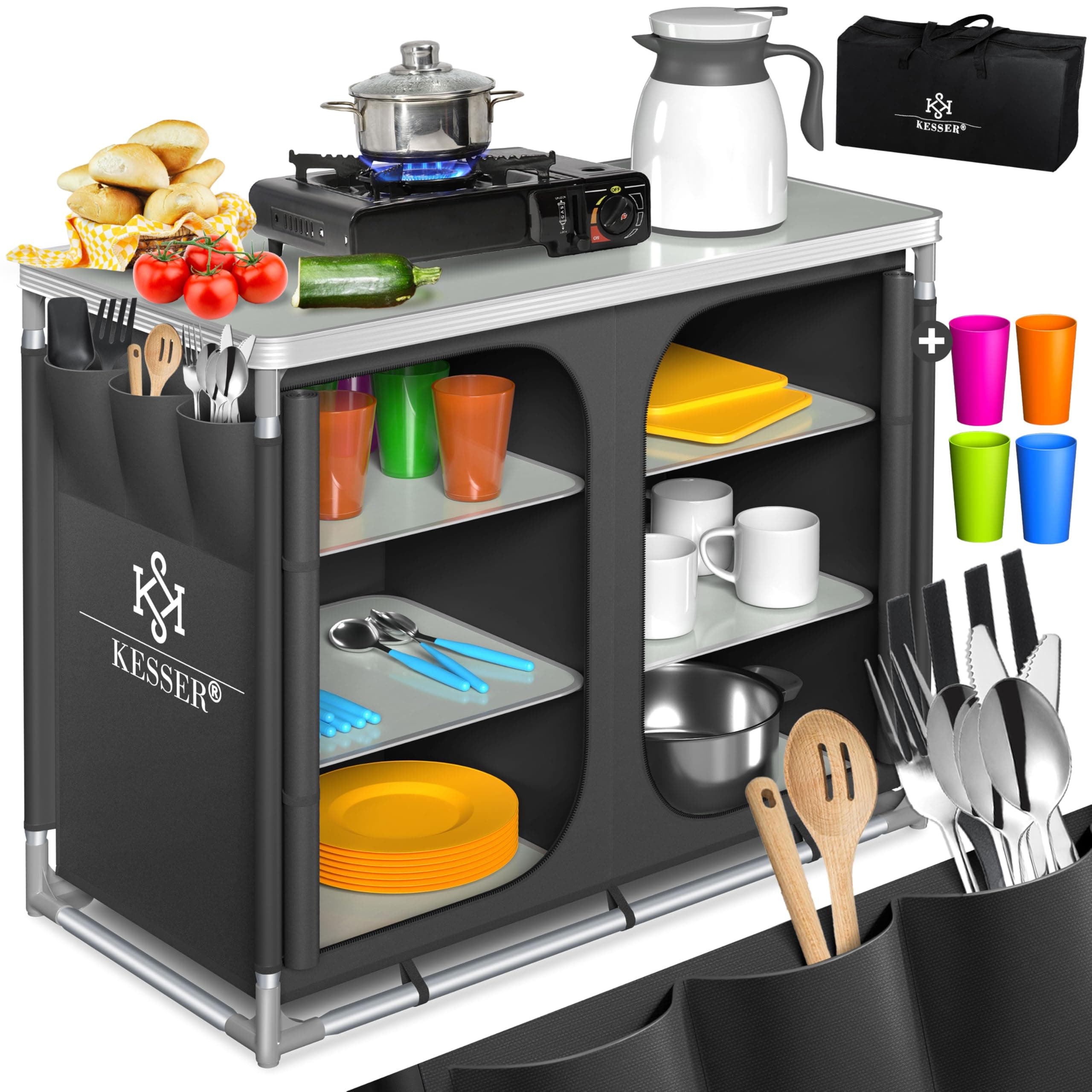 ⛺️ KESSER® Campingküche | Inkl. Tragetasche & Becherset | Campingschrank Faltschrank | mit Aluminiumgestell | Reiseküche