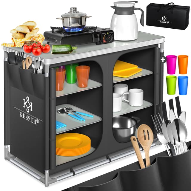 ⛺️ KESSER® Campingküche | Inkl. Tragetasche & Becherset | Campingschrank Faltschrank | mit Aluminiumgestell | Reiseküche