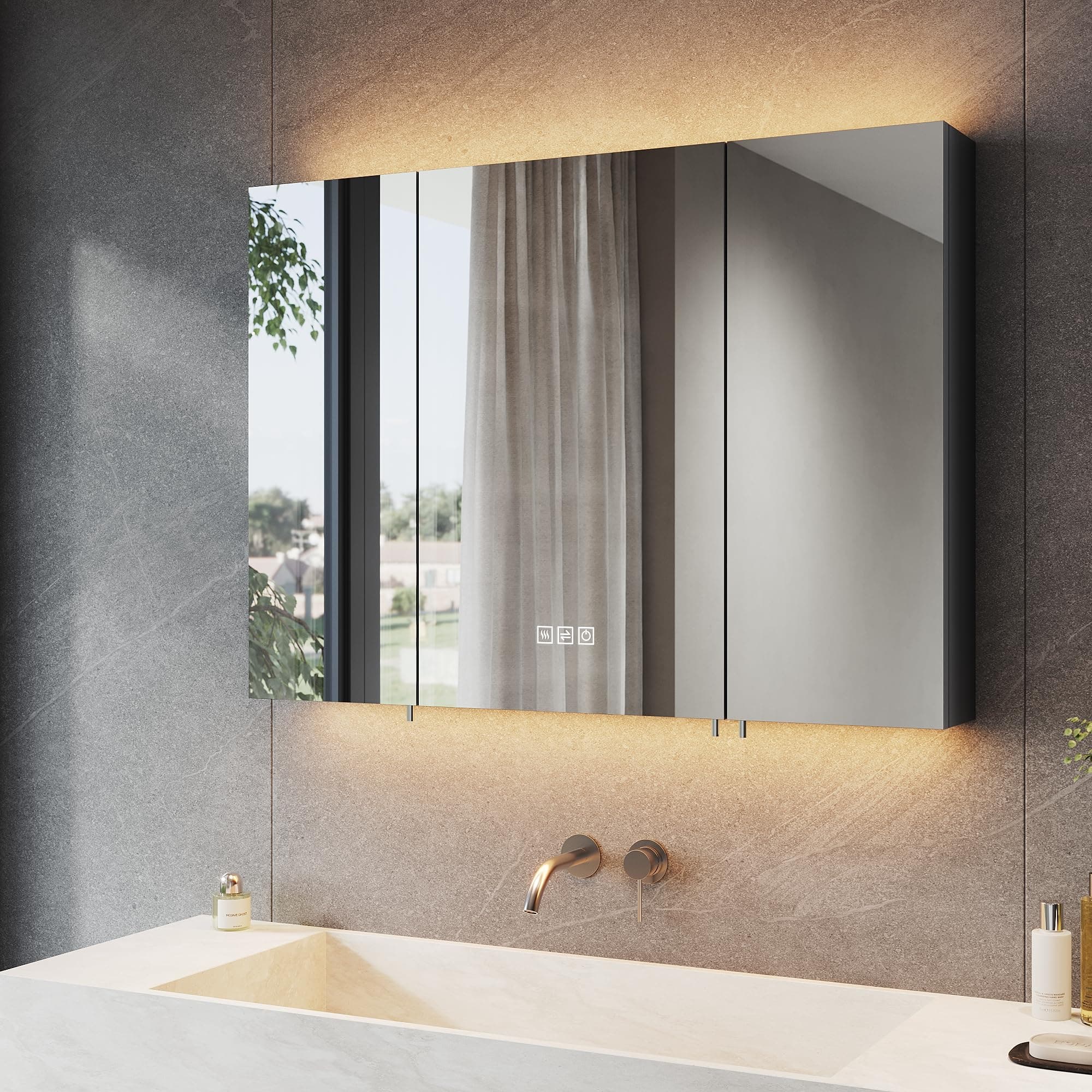 SONNI Spiegelschrank Bad mit Beleuchtung und Steckdose 3 Türiger LED Spiegelschrank mit Touch-Schalter 90x65 cm - Mattschwarz