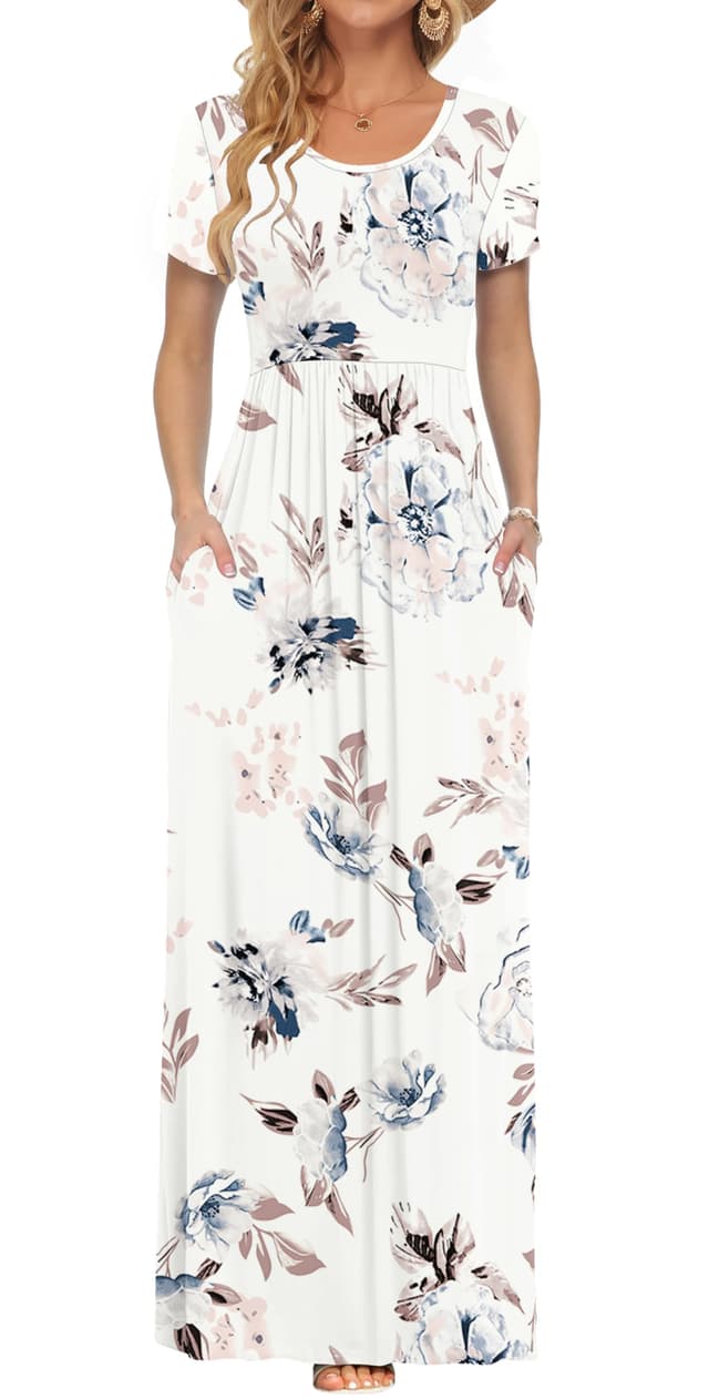 👗 AUSELILY Damen Kurzarm Sommer Casual Long Maxi Kleider mit Taschen Weiße Blumen XXL - Sonderangebot!