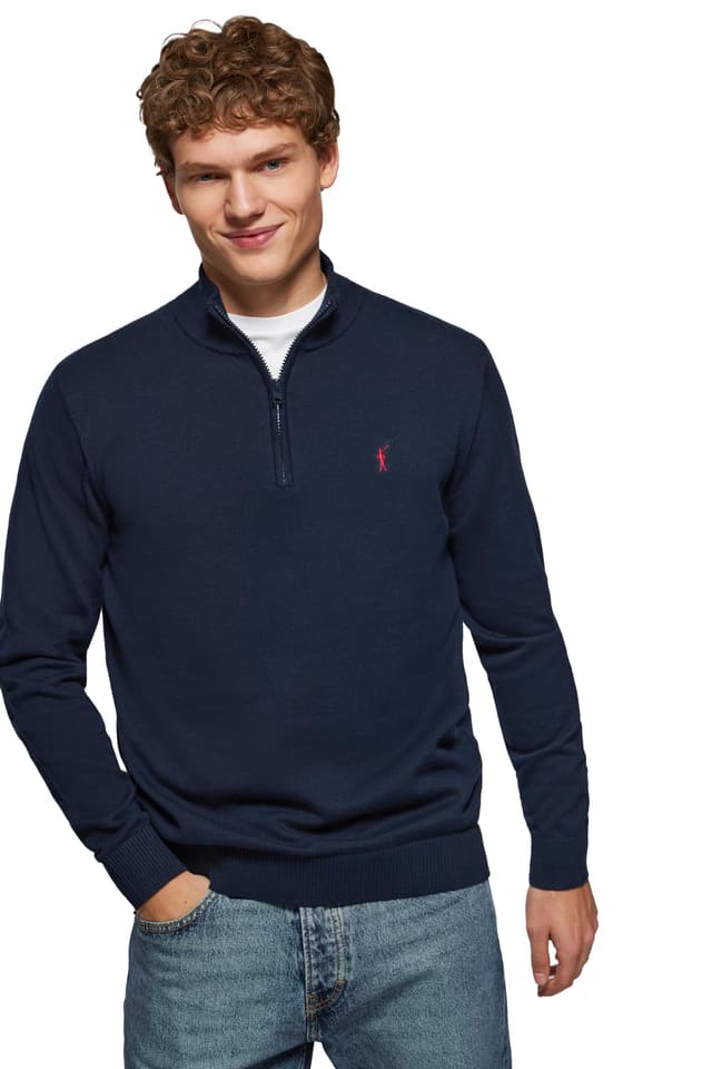 🧥 Polo Club Herren Basic Pullover Mit Reißverschluss - 100% Baumwolle Pullover Zipper Langarm Sweat L Blau Navy-blue