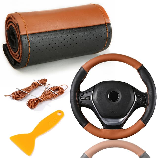 🚗🔥 Echtes Leder Lenkradbezug | Schwarz Braun | DIY-Nähen | Universal Passform 37-39 cm