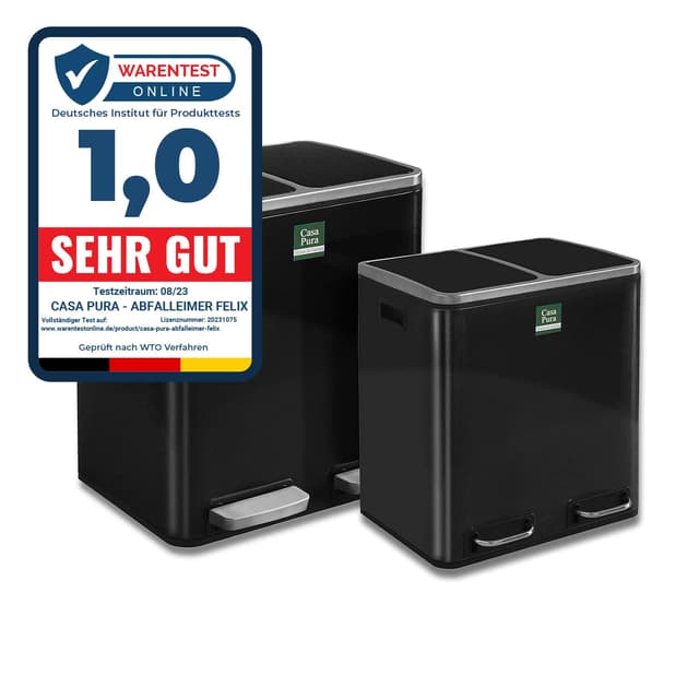 Floordirekt Mülleimer Felix - Abfalleimer mit Schließdämpfer - optimale Mülltrennung - herausnehmbare Behälter mit Henkel (2 x 30 Liter, Schwarz)