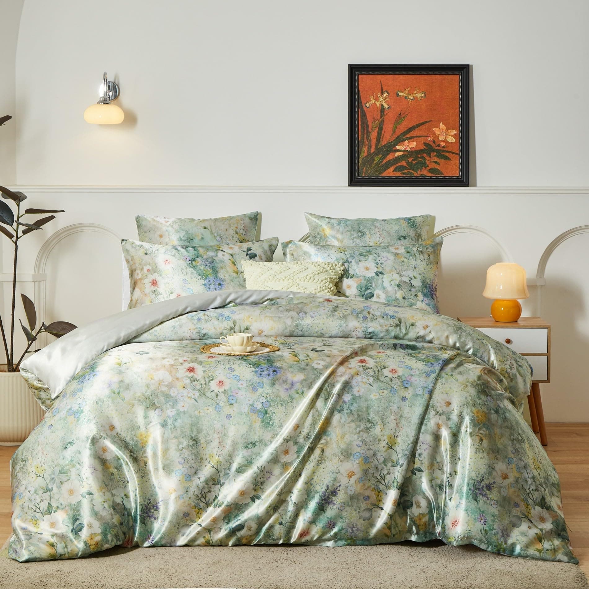 YASMENG Satin Bettwäsche 135x200 4teilig Bunt Blumen Floral Motive Satin Bettwäsche Glänzend Deluxe Bettbezug Set Weich Kuschelig Seidig Seide Bettwäsche